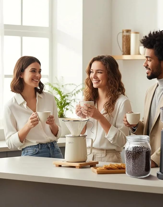 AGOGO Compact Portable Pour Over Coffee Maker Set - Easy Cleaning 304 Stainless Steel Dripper Set for Camping & 50 Filters Paper & Cleaning Rag (Cream, 600ml)