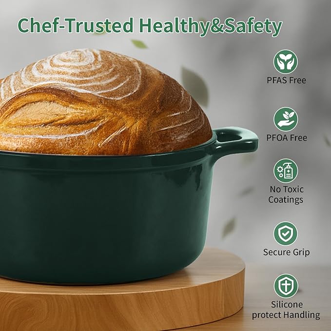 Enamel Cast Iron Dutch Oven with Lid, Round Casserole Pot for Bread Baking, Braising, Roasting, and Stews, Heavy-Duty, Oven Safe, Induction Compatible (4.7QT,Green)