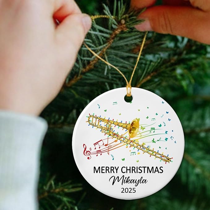 Customized Trombone Musical Player Ceramic Ornament with Name Text Year, Personalized Hanging Xmas Tree Ornaments Gift for Trombonist Daughter Son Brother Sister Friends, Trombone Instrument Ornament
