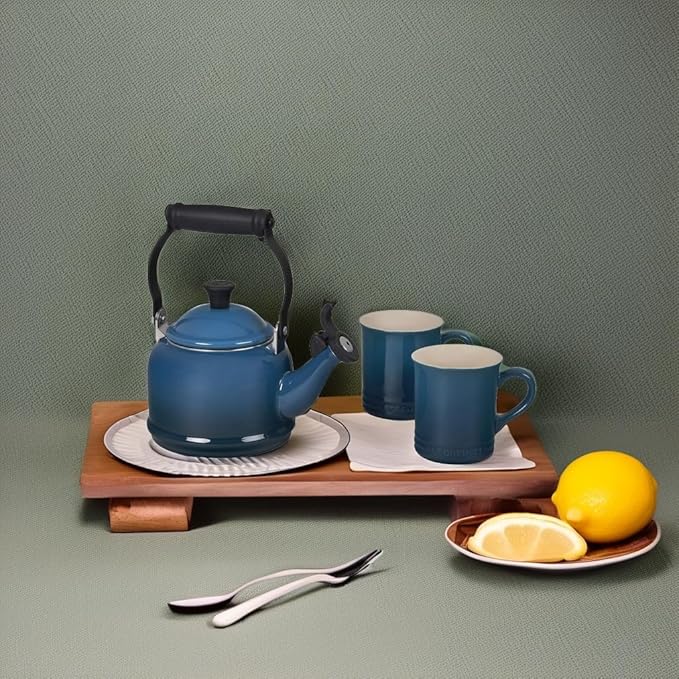 Le Creuset Enamel On Steel Demi Kettle & Stoneware Set of 2 Mugs, 1.25 qt. Kettle & (2) 14 oz. Mugs, Deep Teal