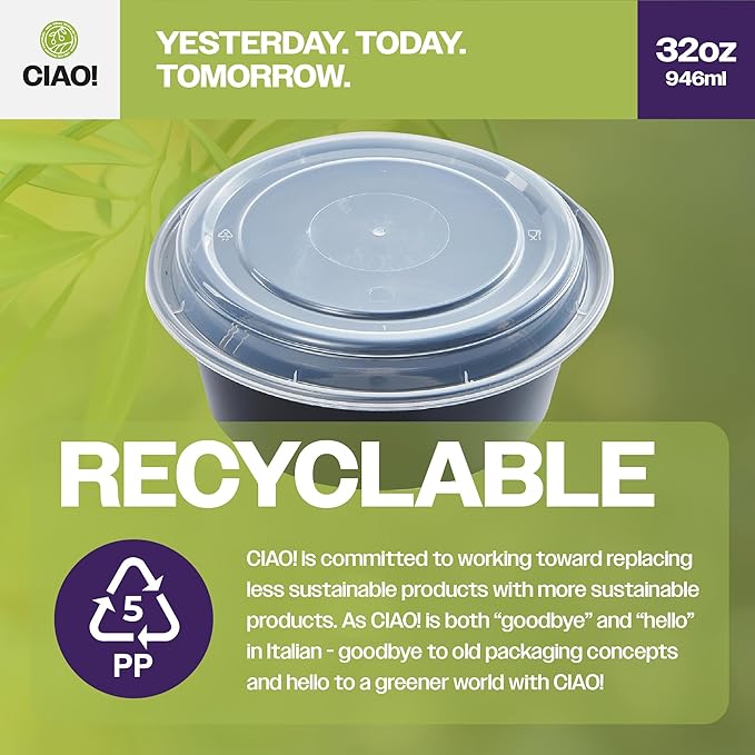 CIAO! Heavy Weight 32oz Injection Molded Microwavable Black Round Food Container with Lid (150/case)