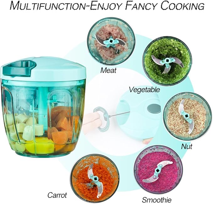 Ourokhome Manual Food Processor Vegetable Chopper, Portable Hand Pull String Garlic Mincer Onion Cutter for Veggies, Ginger, Fruits, etc., 900ml, Teal