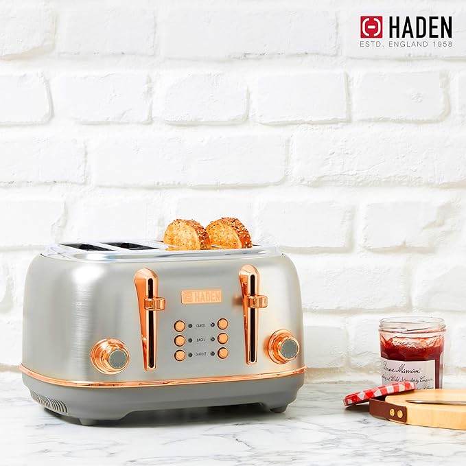 Haden Heritage 4 Slice Wide Slot Stainless Steel Toaster Bundled with 12 Cup Programmable Drip Coffee Maker Coffee Machine, Steel & Copper