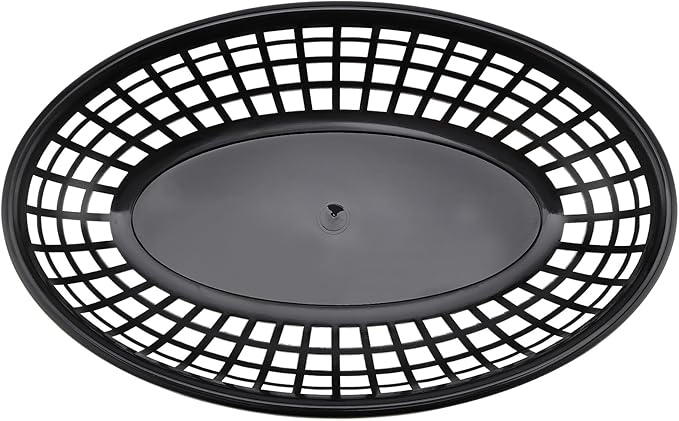 60 Pack 9x5.7x1.6 Inch Black Plastic Fast Food Baskets, Restaurant Serving Basket, Oval Fast Food Serving Baskets for Picnic, Chicken, Burgers and Fries