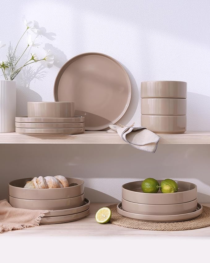 Famiware Nebula Plates and Bowls Set, 12 Pieces Dinnerware Sets, Dishes Set for 4, Cinnamon Brown