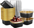 50 Pcs Mini Square Baking Cups with Lids,10oz Aluminum Foil Mini Cake Pans with Lids,Disposable Ramekins Cake Pans,300ml Dessert Cups Cupcake Pans for Wedding Birthday Party,Blackgold