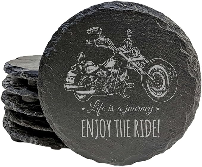 Coast in Style: Rustic Slate Coasters with Motorcycle Design - Round Slate - Set of 5