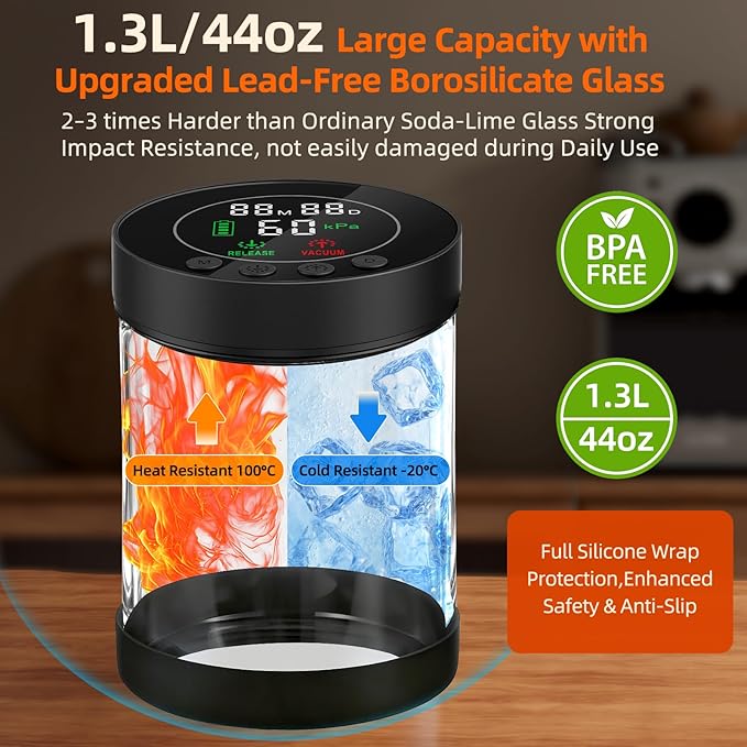 Automatic Vacuum Coffee Canister, 1.3L Airtight Food Storage Containers with Smart Pressure Sensor, Electric Coffee Bean Container Rechargeable with LED Display Window for Home Kitchen Food Storage
