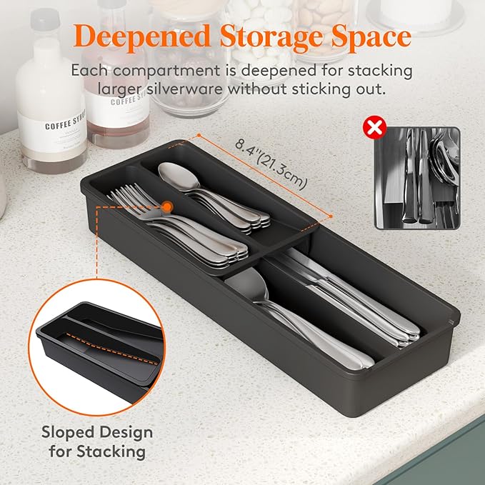Lifewit Compact Silverware Organizer for Kitchen Drawer, Narrow Flatware Tray Holder, Plastic Cutlery Spoons, Forks and Knives Storage, Black, 1 Pack