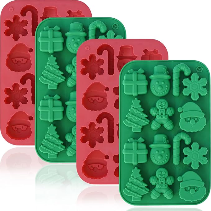 HKNMTT Christmas Silicone Chocolate Molds, 4 PCS Candy Baking Moulds, 3D Snowflake Cane Snowman Xmas Tree Gingerbread Man Santa Claus Gift Box Shape Mold for DIY Handmade Soap Candles Jello