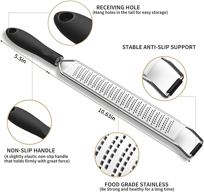 Lemon Zester & Cheese Grater – Premium Stainless Steel - A Sharp Kitchen Tool for Cheese Grater, Ginger, Garlic, Nutmeg, Chocolate, Vegetables, Fruits, Dishwasher Safe