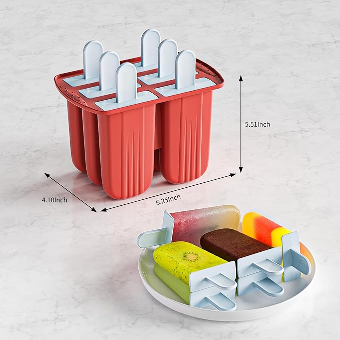 6 Pieces Silicone Popsicle Molds,Easy-Release BPA-Free,Ice Pop Mold Ice Cream Molds For Kids,With 6 PCS Plastic Stick+Cleaning Brush(Red)