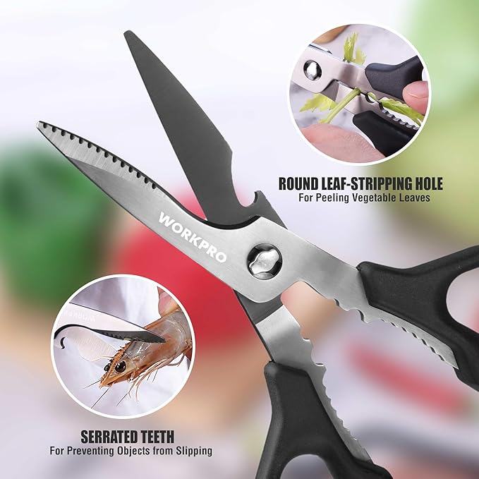 WORKPRO Kitchen Scissors, All Purpose Kitchen Shears with Detachable Titanium Coated Blades for Easy Cleaning, Heavy Duty Scissors for Meat, Fish, Nuts, Vegetables, Protective Cover Included