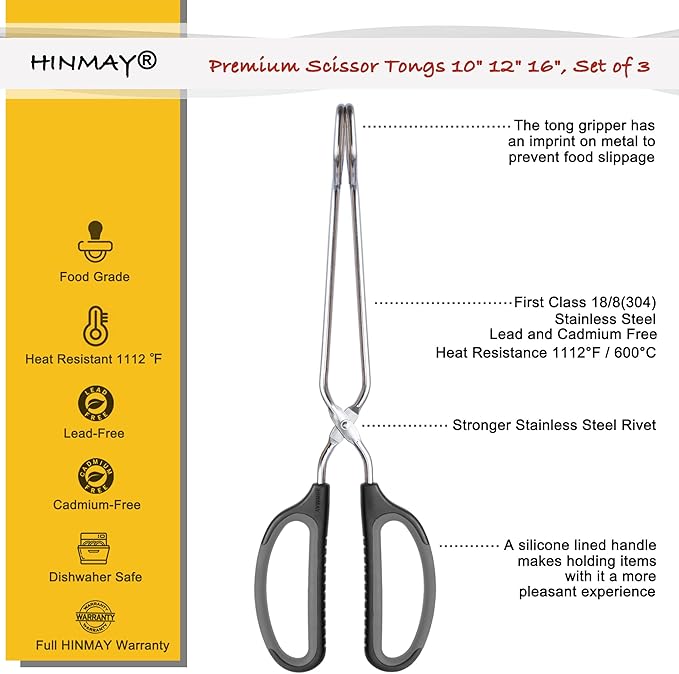 Stainless Steel Scissor Tongs Cooking Tongs Set, Set of 3 (Black Handle, 10" 12" 16")
