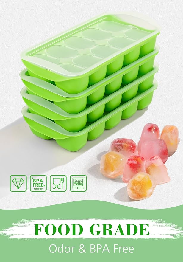 DOQAUS Ice Cube Tray with Lid and Bin, 4 Pack Easy Pop Out Silicone Ices Cubes Trays for Freezer with Cover, Stackable Compact Ice Bucket Kits, for Soup, Food, Cocktail, Coffee
