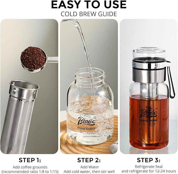Glass Cold Brew Coffee Maker with Extended Fine Mesh Filter, Tea Infuser Bottle Iced Coffee Maker with Thick Borosilicate Glas