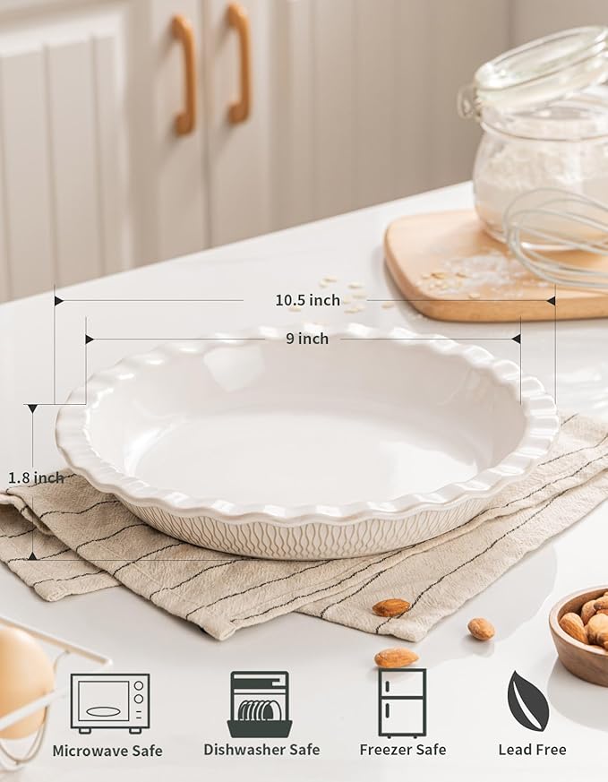 Ceramic Pie Dish for Baking, 9 inch Porcelain Pie Pan, Fluted Pie Plate for Apple, Quiche, Pot Pies, Tart, Modern Farmhouse Bakeware, Glazed White