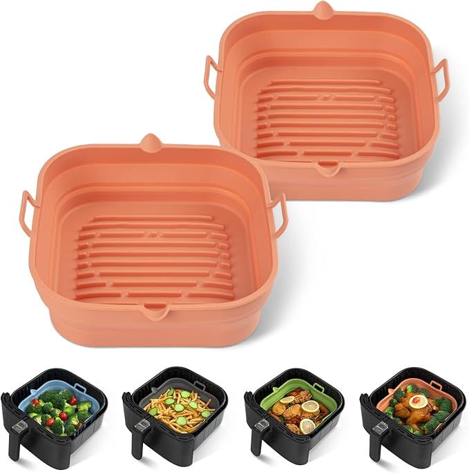 [2 Pack] Silicone Air Fryer Liners Square - Reusable Airfryer Basket - Easy to Clean Air Fryers Pot for 5.8 to 8 Qt Large Air Fryer Baking Tray Oven Accessories, 8.5 Inch