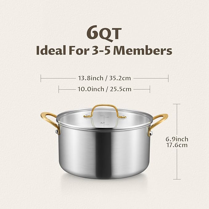 BEZIA 6 Quart Fully-Clad 3-Ply Stainless Steel Stockpot, Soup Pot with Lid, Even Heat Distribution, Cooking Pot with Sturdy Handles, Compatible with All Cooktops, Perfect for Soups & Stews, Silver
