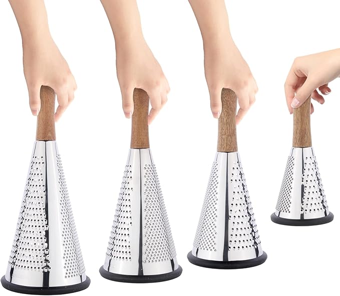Cone Cheese Grater with Handle Stainless Steel Grater Triple Function Wood Handle Shredder Non-Slip Rubber Bottom Hand Held Multifunction Vegetables Grater Black 4-Size (Size XL:11.8" X 5.1" Black)