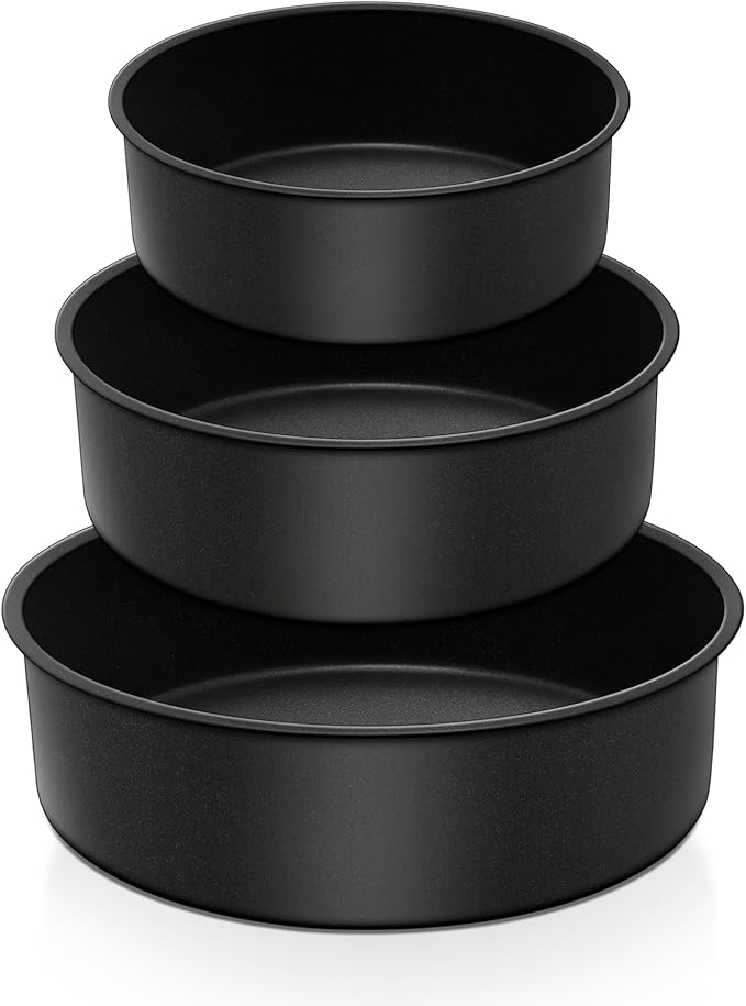 E-far Deep Cake Pan Set of 3 (6/8/9½ Inch), Nonstick Stainless Steel Round Cake Pans Tins for Baking Layer Wedding Cakes, Stainless Steel Core & Nontoxic Coating, Deep & Straight Side