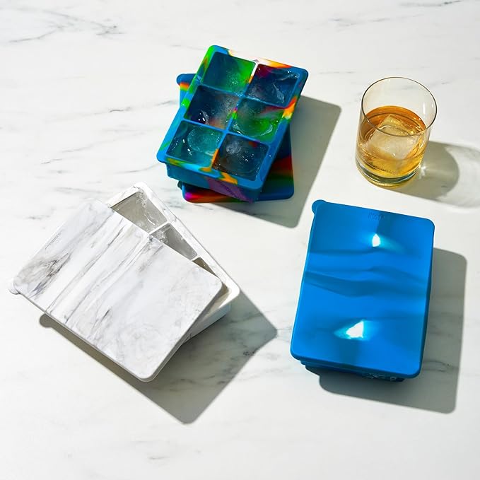 Host Ice Cube Tray with Lid, Makes 6 Large 2" Cubes, Durable Silicone Trays, Perfect for Cocktails, Beverages, Mocktails, Iced Coffee, Tea, Infused Water, Kitchen Essentials, Set of 1, Blue Marble