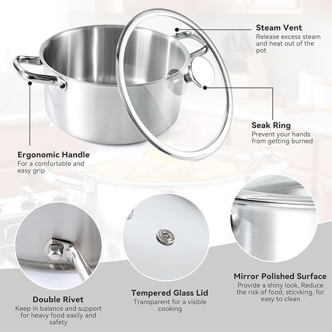 6QT Stock Pot, 316L Stainless Steel Stockpot with Lid, Professional Multi-Use Soup & Pasta Cooking Pot, Oven, Gas and Dishwasher Safe