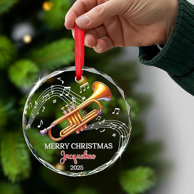 Personalized Text & Name Trumpet Instrument Christmas Glass Ornament, Musical Instrument Xmas Ornament Gifts for Trumpet Player, Custom Trumpetist Christmas Keepsake, Music Lover Glass Ornaments 2025