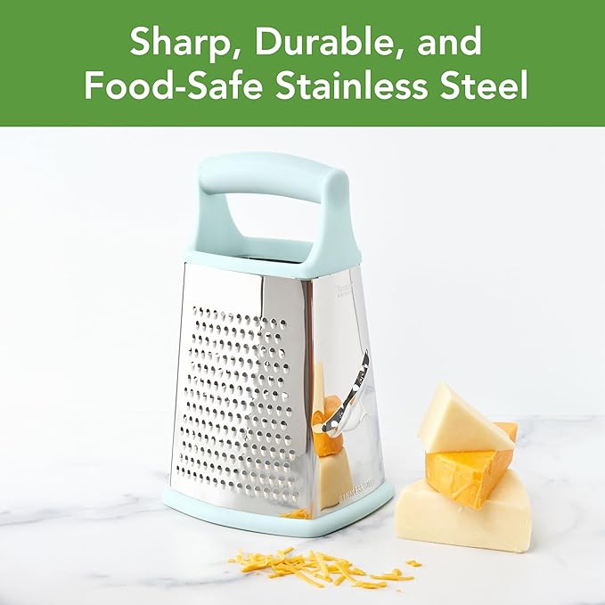 Tovolo Elements 4-Sided Box Grater - Stainless Steel Cheese Shredder with Coarse Medium Fine Slice Sides, Comfortable Handle & Stable Base for Kitchen Prep, Large, Blue Haze