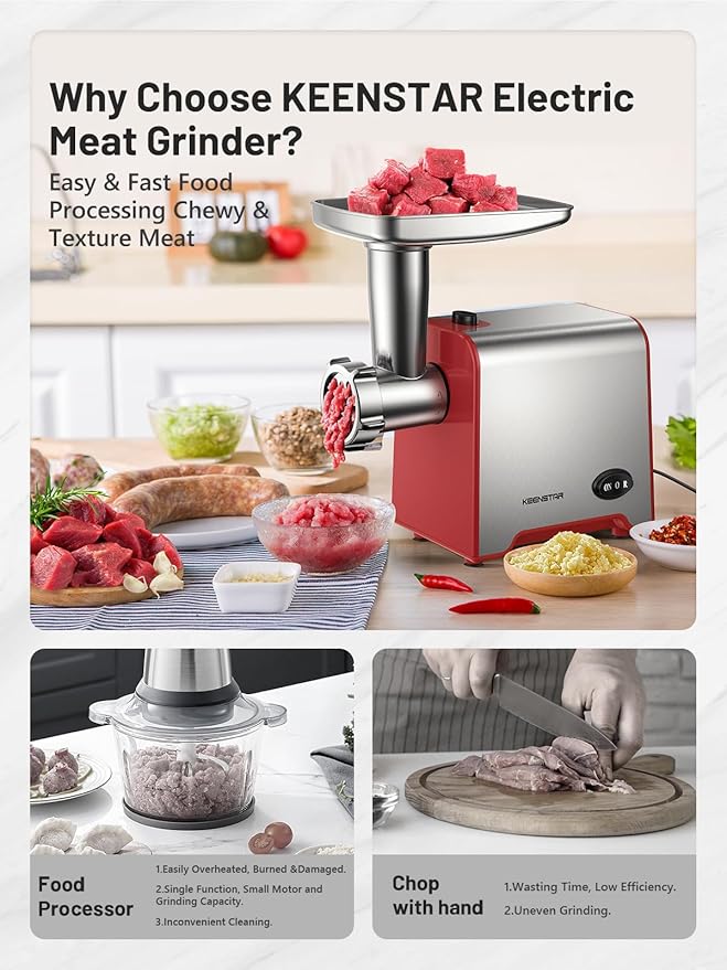 KEENSTAR Electric Meat Grinder, Sausage Stuffer Maker 450W Food Grinder with Blade & 3 Plates, Sausage Stuffer Tubes & Kubbe Kit, Stainless Steel Meat Mincer Machine for Home Kitchen Use (Red)