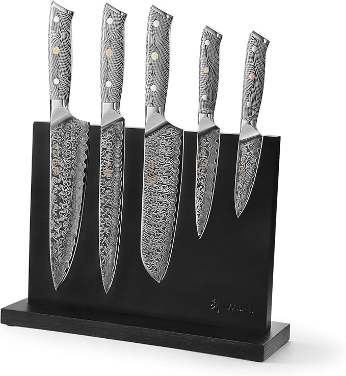 Wakoli Damascus Knife Block Set – 5-Piece Professional Chef Knife Collection with Magnetic Block | Genuine 67-Layer Damascus Steel Blades with VG10 Core | Ergonomic G10 Handles (Noir Blanc)