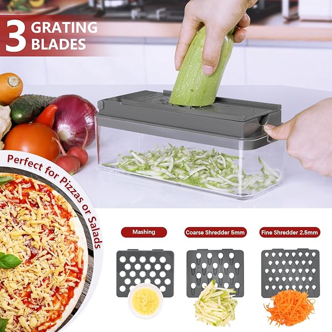 Vegetable Chopper, Onion Chopper Dicer, Mandoline Slicer, Food Chopper with Container, Vegetable Cutter for Salad Potato Carrot Garlic（9 Blades, Grey）