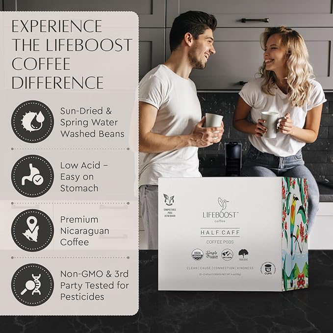 Lifeboost Half Caff Coffee K Cups - Low Acid Half Caff Coffee Pods - Single Origin Non-GMO Mold Free Pods Compatible with Keurig & Keurig 2 - No Mycotoxins or Pesticides - 10 Count (Pack of 2)