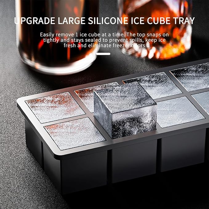 2 Pack Large Ice Cube Trays for Whiskey, Big Silicone Ice Cube Trays 2 inch Square Cubes, Huge Square Ice Cube Maker, Silicone Molds for Whiskey, Bourbon, and Cocktails, BPA-Free & Dishwasher