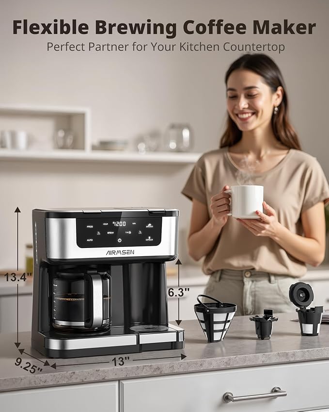AIRMSEN 12-Cup Programmable Coffee Maker – Single Serve Machine for K-Cup Pods & Ground, 1000W Fast Brew, Delay Start, 2H Keep Warm, Touchscreen, 60oz Tank, Glass Carafe – Home & Office