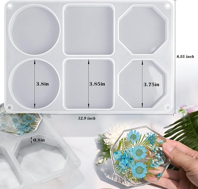 Actvty Coaster Resin Molds, 6-Cavity Octagon Round Square Coaster Epoxy Mold Silicone Molds for Resin Casting DIY Custom Coasters Art Gifts Home Decoration