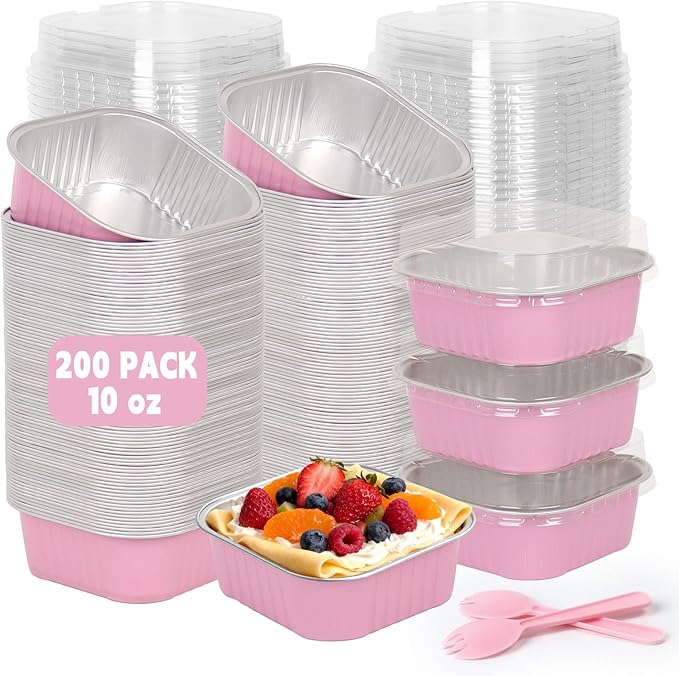 200 Pack 10 oz Pink Square Mini Cake Pans with Lids, Mini Loaf Pans with Lids, Aluminum Foil Square Brownie Baking Cups for Ramekins Muffin Cupcake Wedding Birthday Party