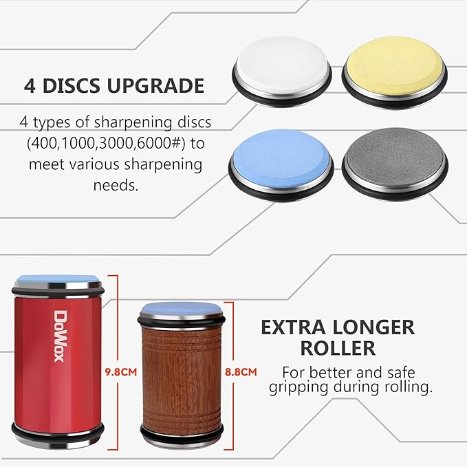 Longer Rolling Knife Sharpener with Leather Strop, Upgraded Rolling Knife Sharpening with 4 Degree Angle and 4PCS Replaceable Honing Discs, Easy to Sharpen Ktichen Knives, Red