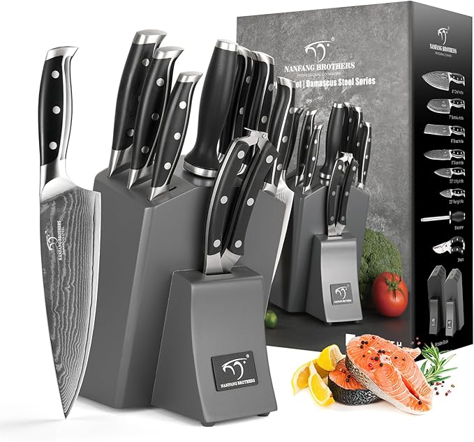 Damascus Kitchen Knife Set with Block - Razor Sharp 67-Layer VG10 Steel, Triple Rivet Handles, Chef, Santoku, Utility, Bread & Paring Knives, Sharpener, Shears, Grey, 9 Pcs