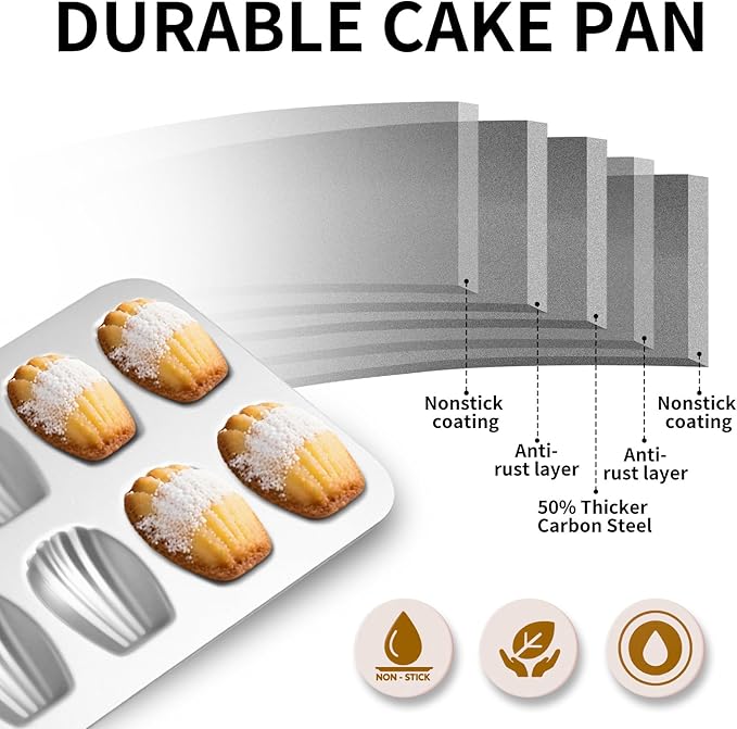 Madeleine Pans Set of 2, Nonstick 12-Cavity Madeleines Mold Cookie Tray for Baking, Heavy Duty Warp Resistant Cute Shell Shape Madeleine Mold Cake Pan - Silver
