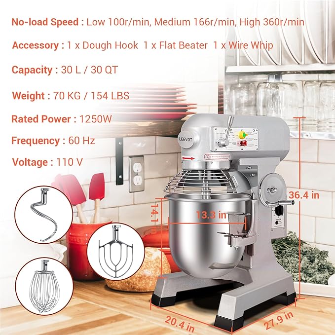 30 QT Stand Mixer, Commercial Industrial Grade Kitchen Electric Food Mixer with Stainless Steel Bowl, 3 Types of Mixing Tools, Built for Professional Baking: Effortlessly Handles Large Recipes