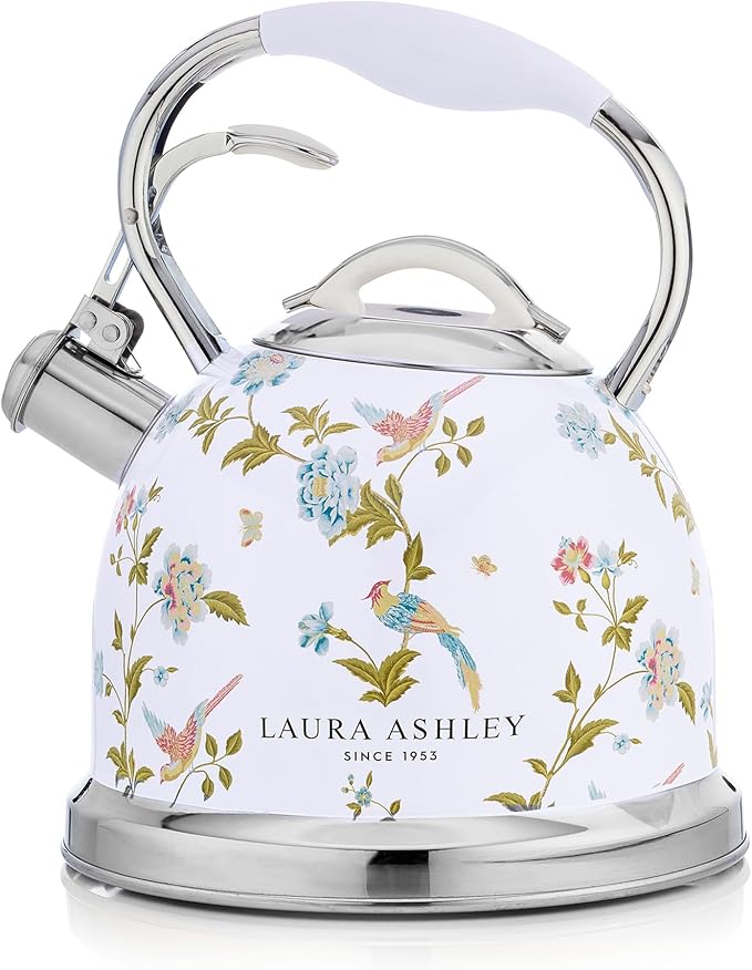 VQ Laura Ashley Elveden White 2.5L Stainless Steel Tea Kettle Stovetop Whistling Teapot for Induction, Gas Hob or others. Silicon Coated Cool Handle & Push Button Mechanism Vintage Stove Top Kettle