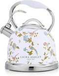 VQ Laura Ashley Elveden White 2.5L Stainless Steel Tea Kettle Stovetop Whistling Teapot for Induction, Gas Hob or others. Silicon Coated Cool Handle & Push Button Mechanism Vintage Stove Top Kettle