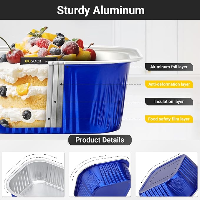 EUSOAR Creme Brulee Ramekins Disposable, 50pcs 10oz Cupcake Liners Foil Baking Cups with Lids, Aluminum Muffin Cups Square Dessert Wrappers Mini Cake Loaf Bread Pans for Wedding Birthday Party