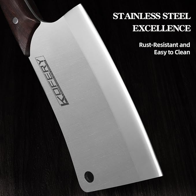 KOFERY 7 Inch Professional Meat Cleaver - Heavy Duty Bone Chopper, Butcher Knife for Meat and Bone Cutting, High Carbon Steel Chinese Cleaver with Wooden Handle
