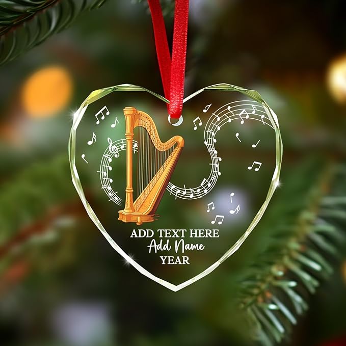 Personalized Text Name Year Harpist Christmas Ornament, Customized Harp Music Instrument Glass Ornaments, 2025 Xmas Ornament Gift for Teacher Student Harp Player, Musician Xmas Decorations