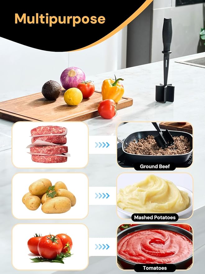 Premium Meat Chopper - Hamburger Smash, ana Non-Stick Masher With Nylon Mash, Fork & Mix Chop