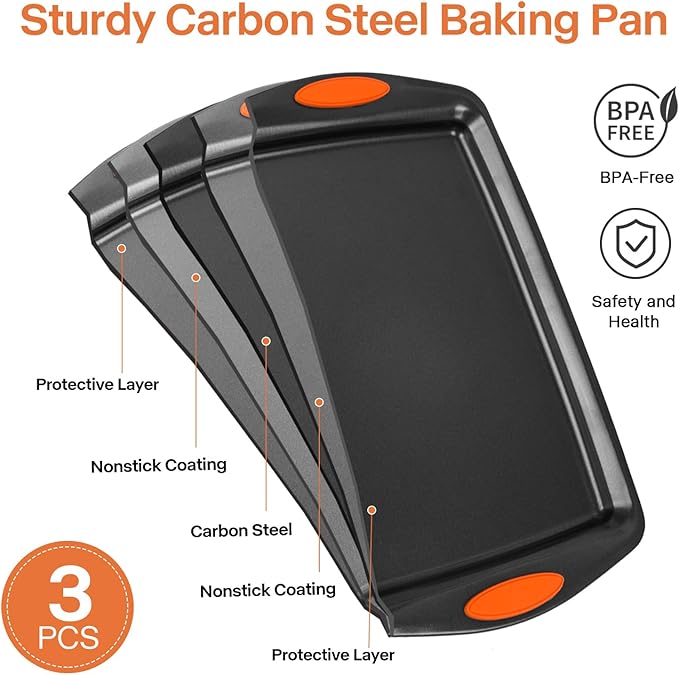 3-Pack Baking Sheet Pan Set, Nonstick Cookie Sheets with Orange Silicone Handles, Easy to Clean Bakeware Trays for Oven Roasting & Baking