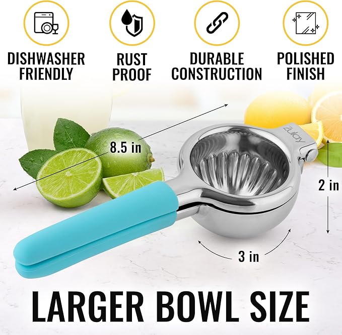 Zulay Kitchen Lemon Squeezer Stainless Steel with Premium Heavy Duty Solid Metal Squeezer Bowl and Food Grade Silicone Handles - Large Manual Citrus Press Juicer and Lime Squeezer (Blue)