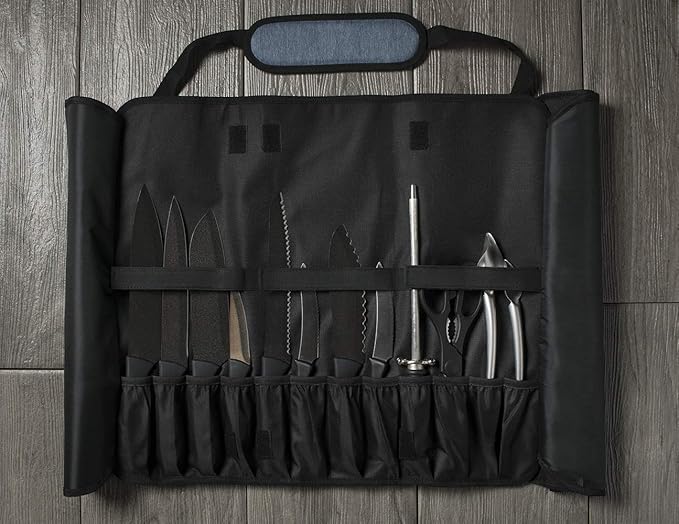 Asaya Chef Knife Roll Bag - 20 Total Pockets for Knives and Kitchen Utensils - Made with Stain Resistant Waxed Nylon - For Chefs and Culinary Students - Knives Not Included(Blue)